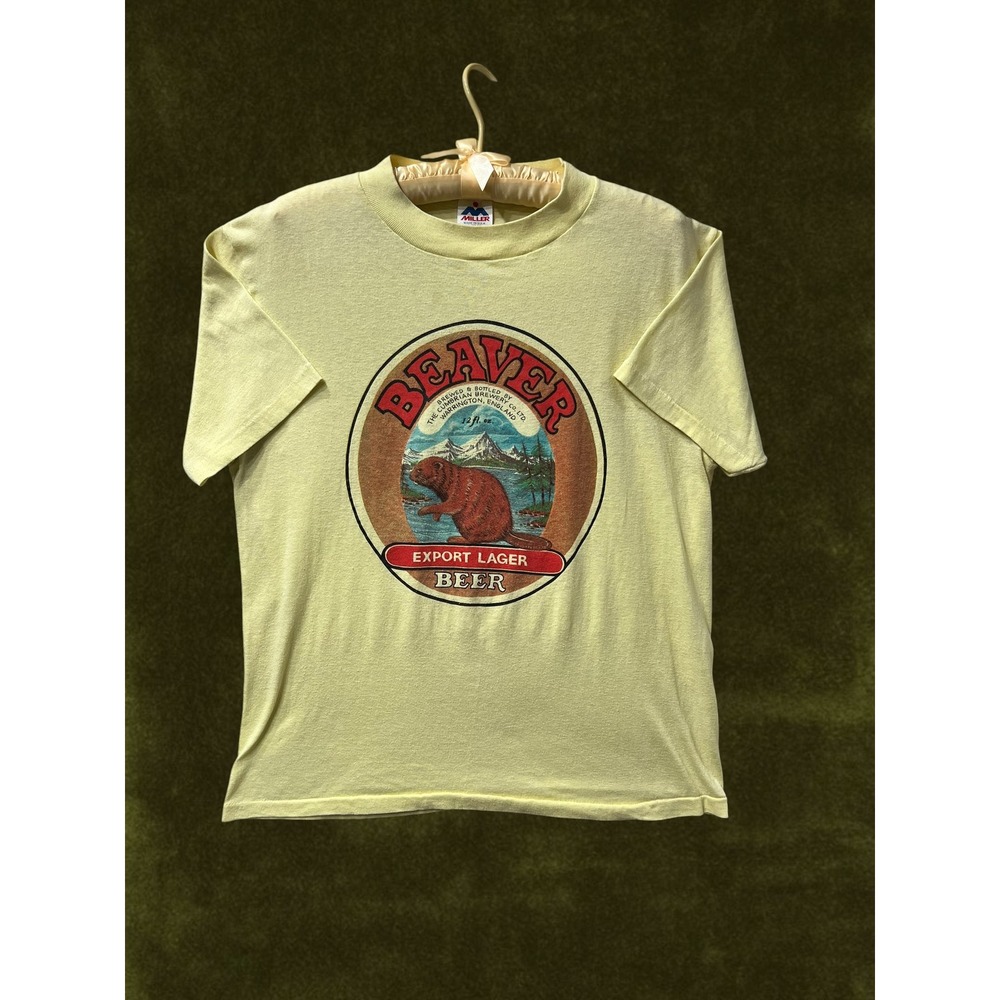 Vintage 80s Miller Beaver Export Lager Beer T-Shirt Yellow Single Stitch Large